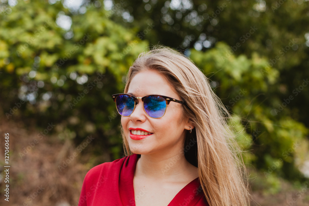 Pretty blonde girl with red clothes Pretty blonde girl with red clothes