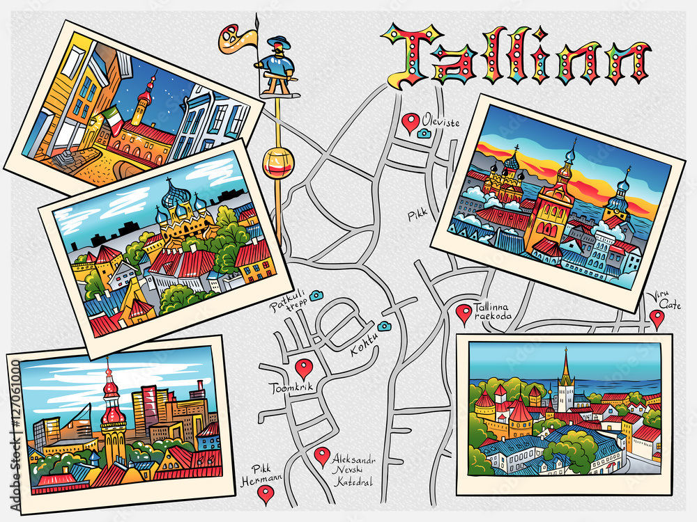 Color Travel book with the most popular types of the Medieval Old Town in sketch style, Tallinn, Estonia