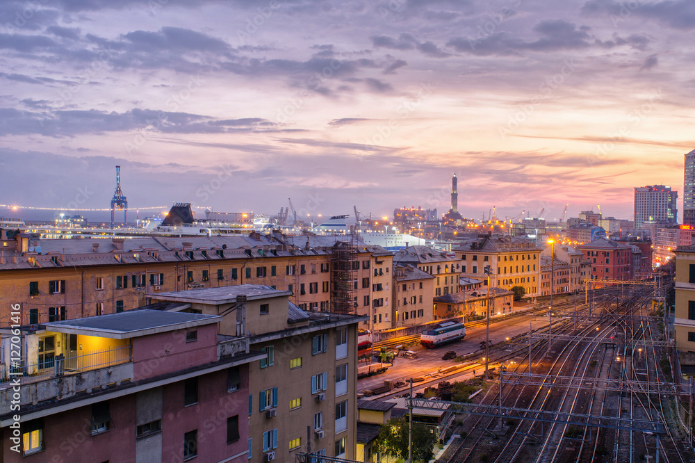 An intimate and at the same time grand view of the city of Genoa, Italy, during the blue hour in the evening
