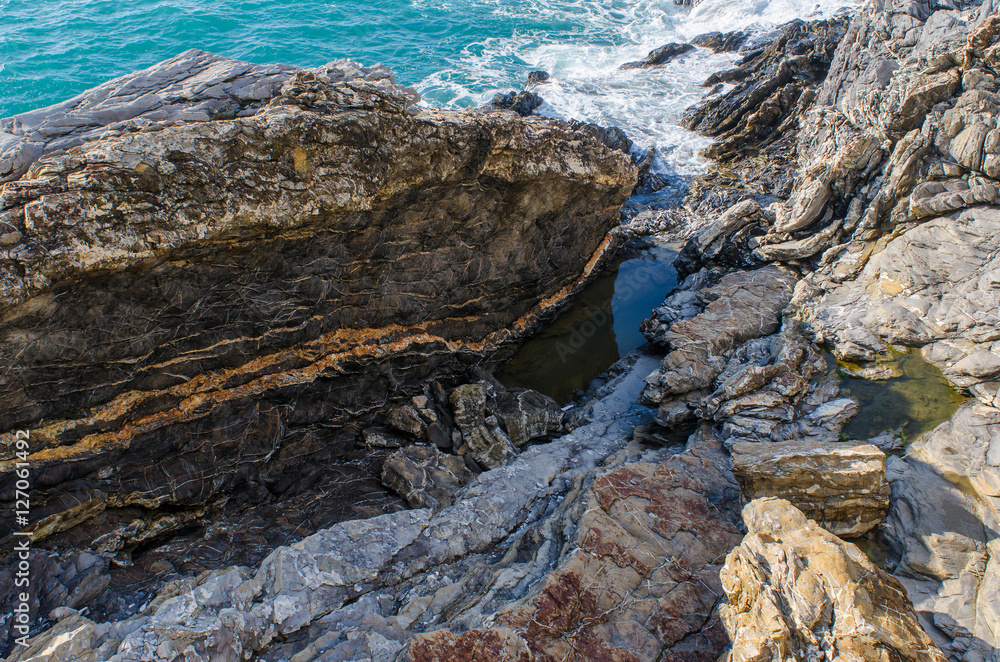 rich geological patterns and textures in the cliffs of Nervi, Genoa, in Italy