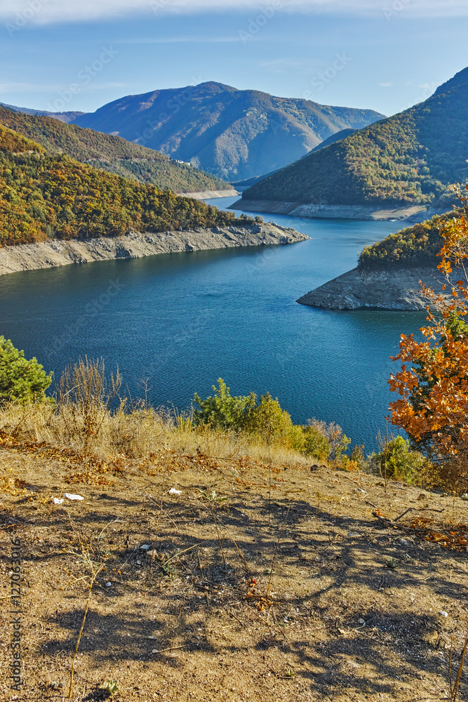 Autumn view of Dam of the Vacha (Antonivanovtsy) Reservoir, Rhodopes Mountain, Bulgaria