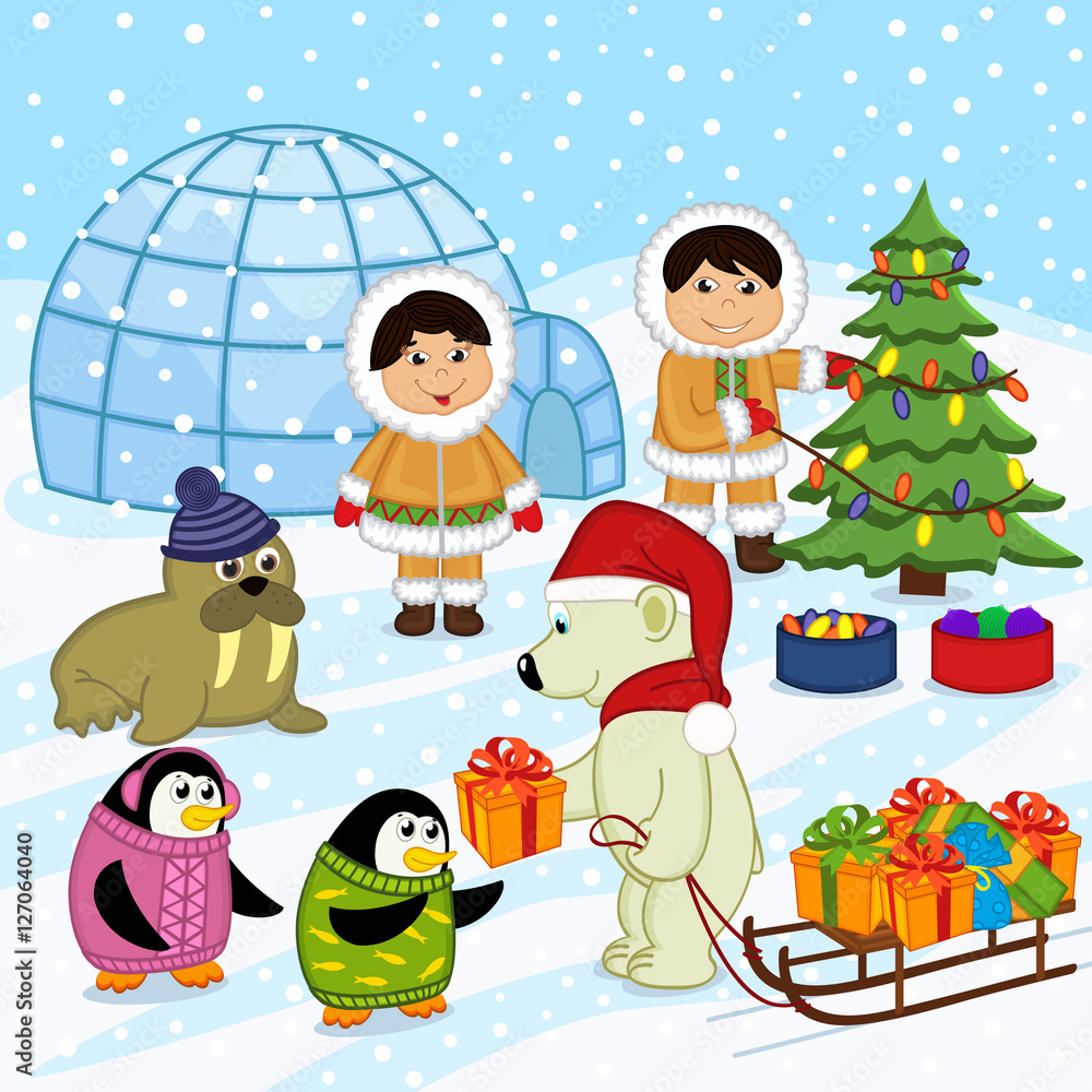 Naklejka premium polar bear in the hat of Santa gives gifts - vector illustration, eps