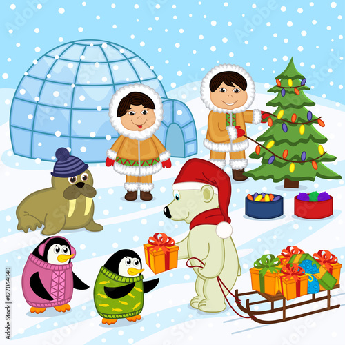 polar bear in the hat of Santa gives gifts - vector illustration, eps