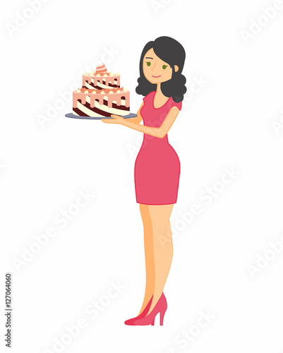 Female characters with a cake. Beautiful housewife, woman master baker holding a delicious pie. Vector illustration in a flat style