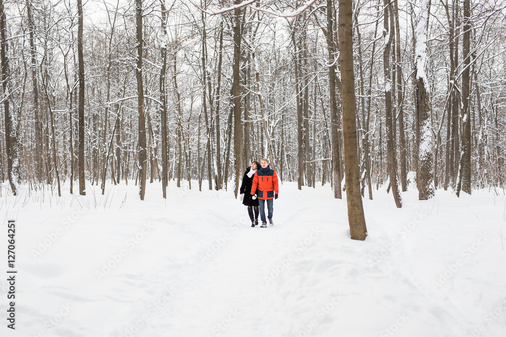 A loving couple walking in winter park. Snowing, winter.