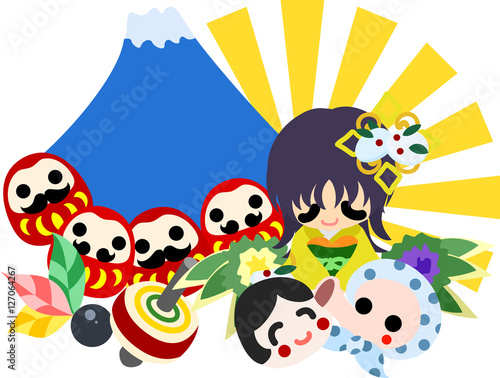 The cute illustration of stylish girls in Kimono(Japanese style cloth). And it is usable to New Year holidays use including the New Year's card. © Atelier B/W