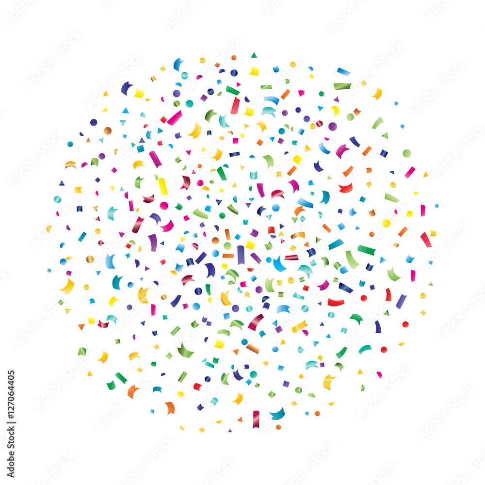 Abstract colorful explosion of confetti, isolated on white background. Abstract background with many falling tiny confetti pieces. Holiday or party background. Multicolored confetti