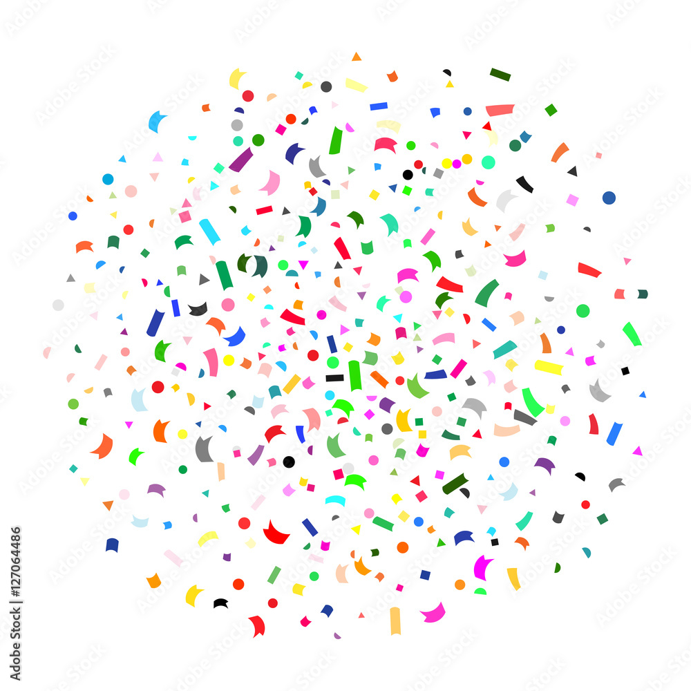 Abstract colorful explosion of confetti, isolated on white background. Abstract background with many falling tiny confetti pieces. Holiday or party background. Multicolored confetti. Flat style
