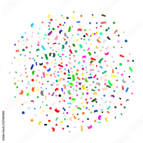 Abstract colorful explosion of confetti, isolated on white background. Abstract background with many falling tiny confetti pieces. Holiday or party background. Multicolored confetti. Flat style