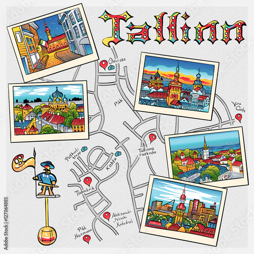 Color Travel book with the most popular types of the Medieval Old Town in sketch style  Tallinn  Estonia