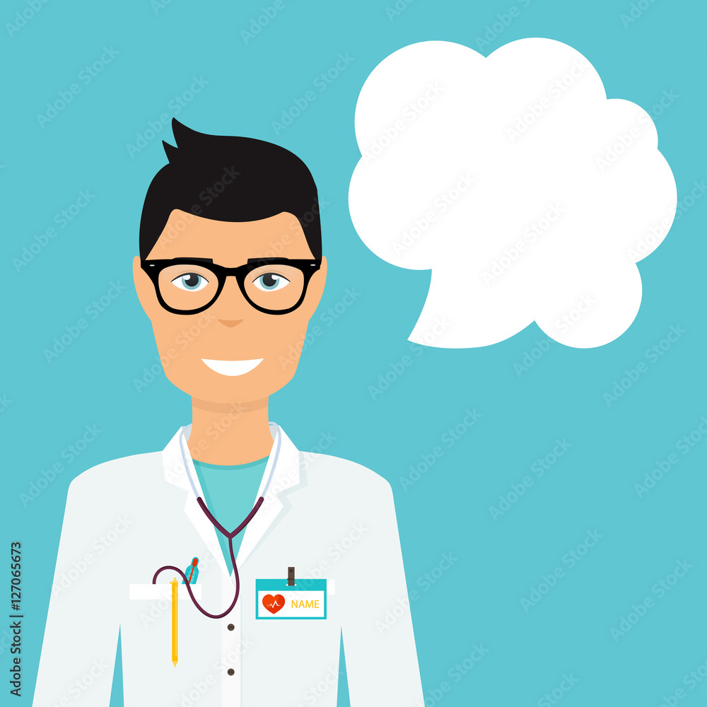 Doctor in in medical uniform and speech bubble. Flat design mode Doctor in in medical uniform and speech bubble. Flat design mode