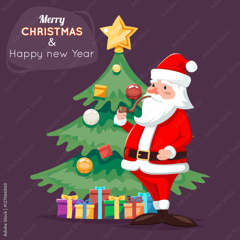 Santa Claus Character Icon Christmas Tree Background Cartoon Greeting Card Template Poster Vector illustration Santa Claus Character Icon Christmas Tree Background Cartoon Greeting Card Template Poster Vector illustration