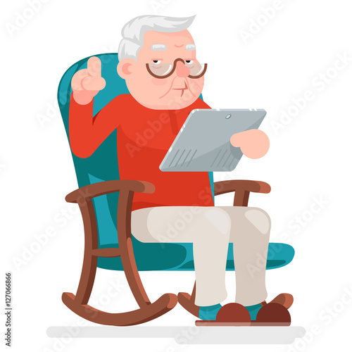 Web Surfing Online Shopping Old Man Character Sit Adult Icon Cartoon Design Vector Illustration