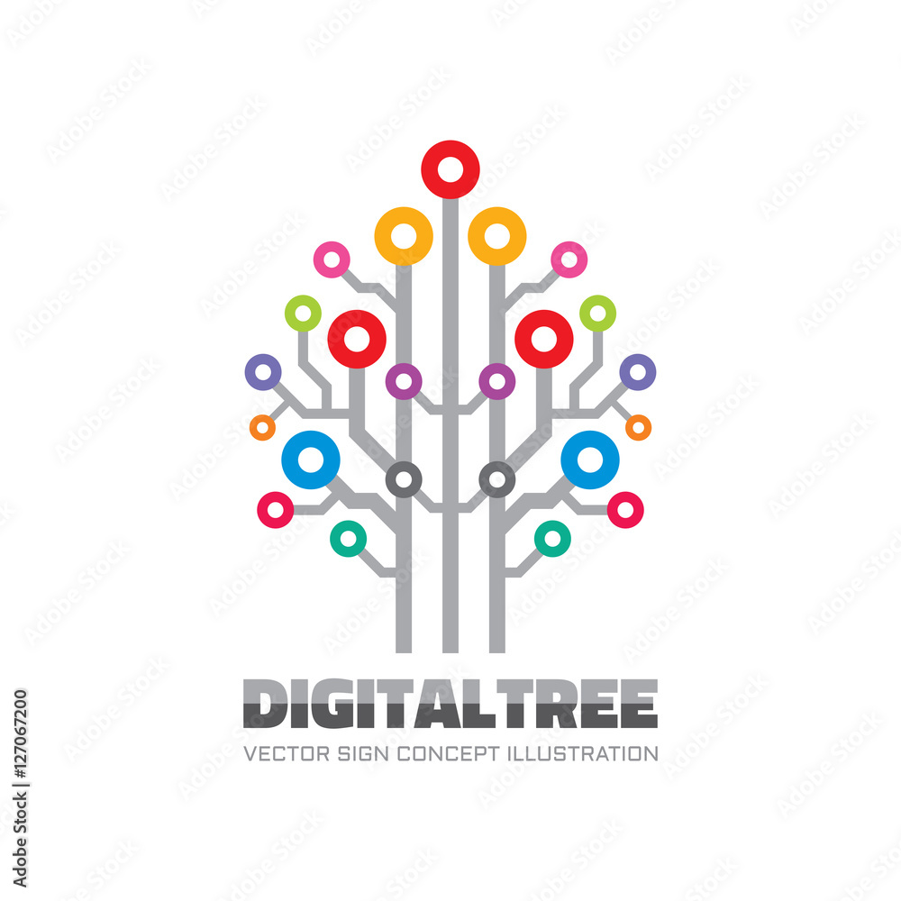 Digital tree - vector logo template concept illustration in flat style. Computer network technology sign. Electronic design element. Digital tree - vector logo template concept illustration in flat style. Computer network technology sign. Electronic design element.