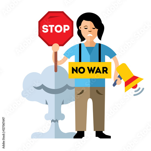 Pacifism. No War. Protest Woman. Flat style colorful Vector Cartoon illustration.
