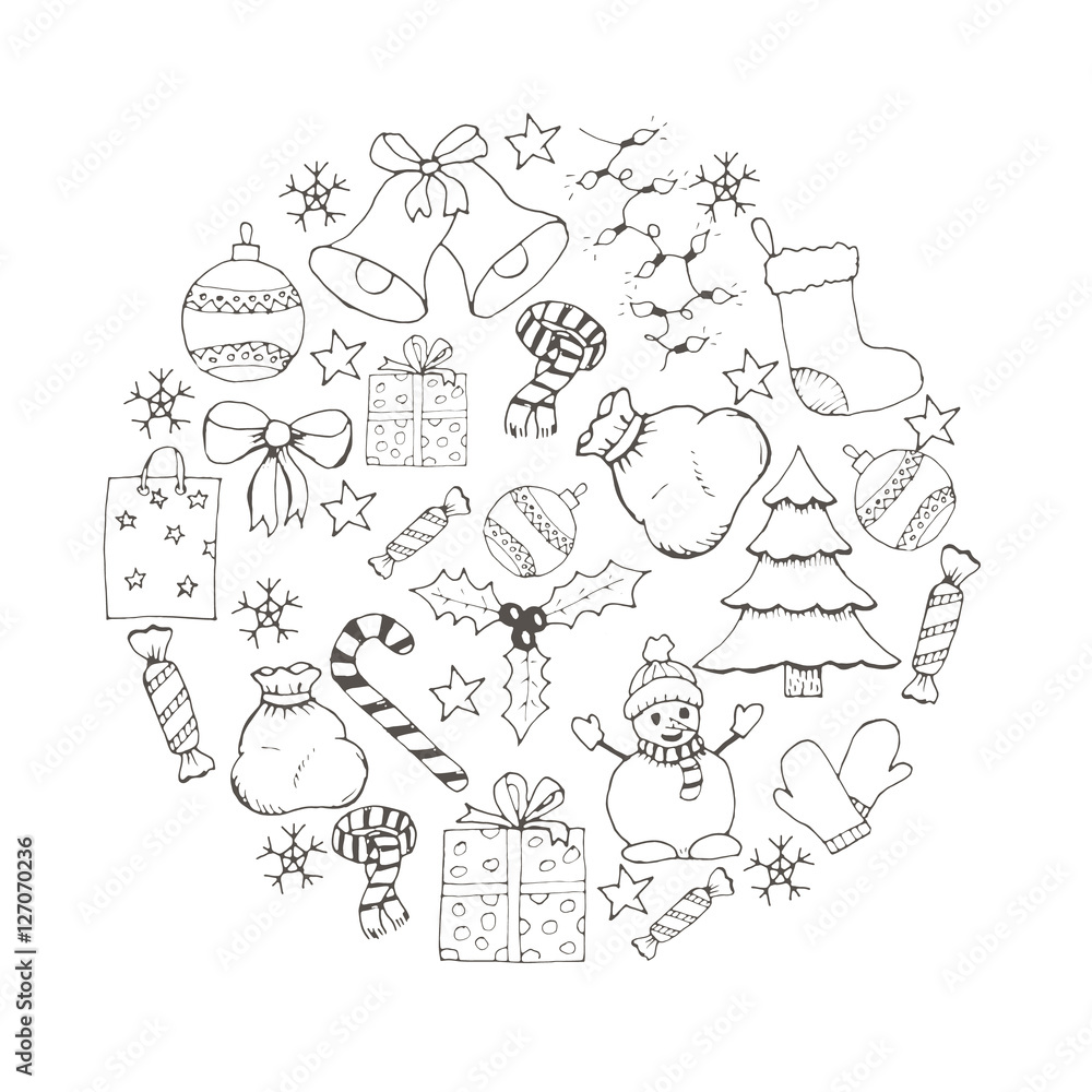 vector Christmas and new year hand drawn icons set
