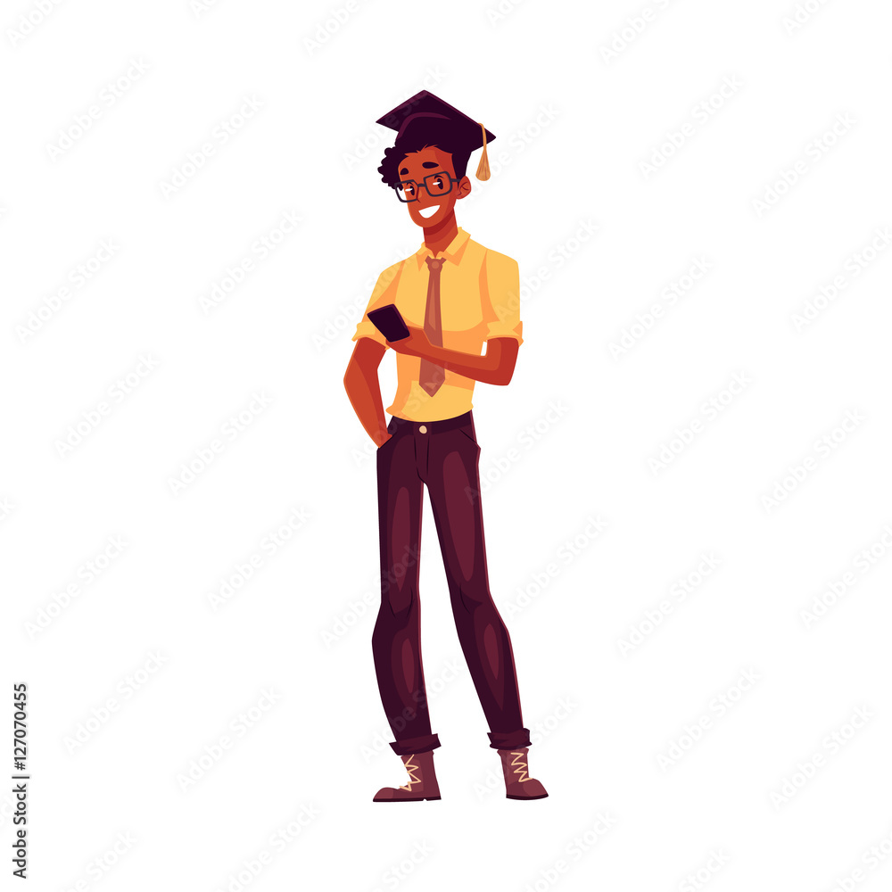 College, black university student in glasses and graduation cap holding phone, cartoon style illustration isolated. Male african student in graduation cap, shirt and jeands playing with phone College, black university student in glasses and graduation cap holding phone, cartoon style illustration isolated. Male african student in graduation cap, shirt and jeands playing with phone