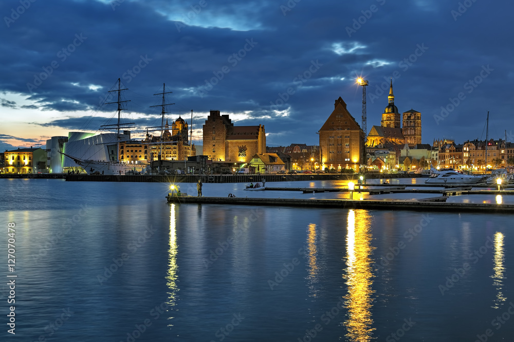 Harbor of Stralsund in the sunset, Germany