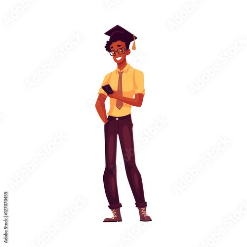 College, black university student in glasses and graduation cap holding phone, cartoon style illustration isolated. Male african student in graduation cap, shirt and jeands playing with phone