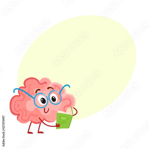 Funny smiling brain in round glasses reading a book, cartoon vector illustration on yellow background for text. Cute brain character in nerdy glasses with book as symbol of training and education