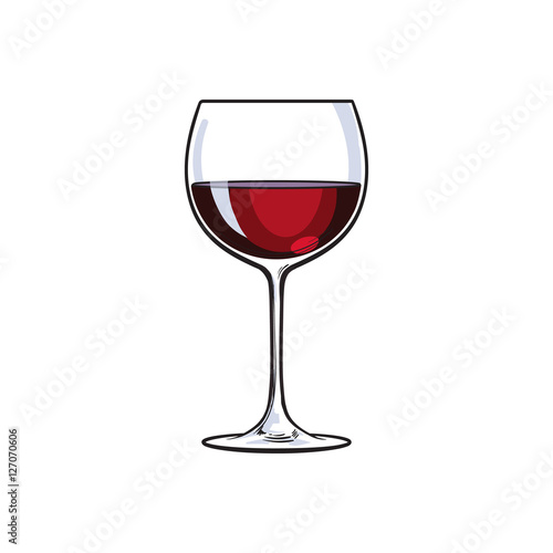 Red wine glass, sketch style vector illustration isolated on white background. Realistic hand drawing of a glass with red wine, symbol of celebration