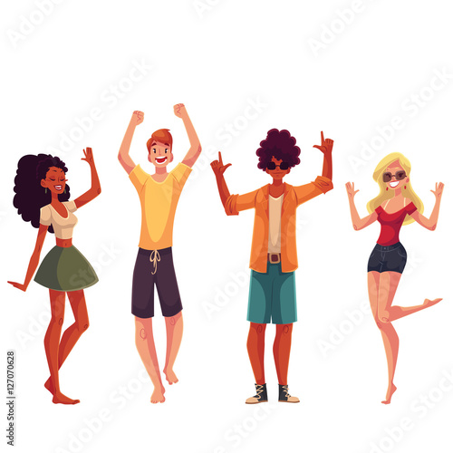 Young people dancing on the beach, cartoon style vector illustrations isolated on white background. Young men and women, teenagers, boys and girls dancing at party in beach clothes.