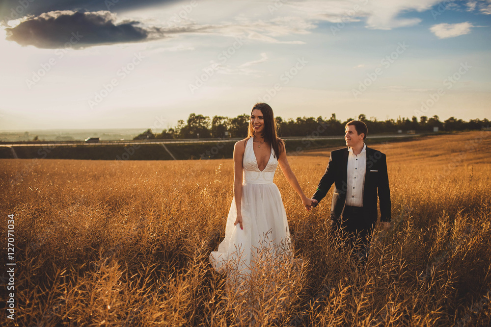 happy and young bride and groom walking in a field happy and young bride and groom walking in a field