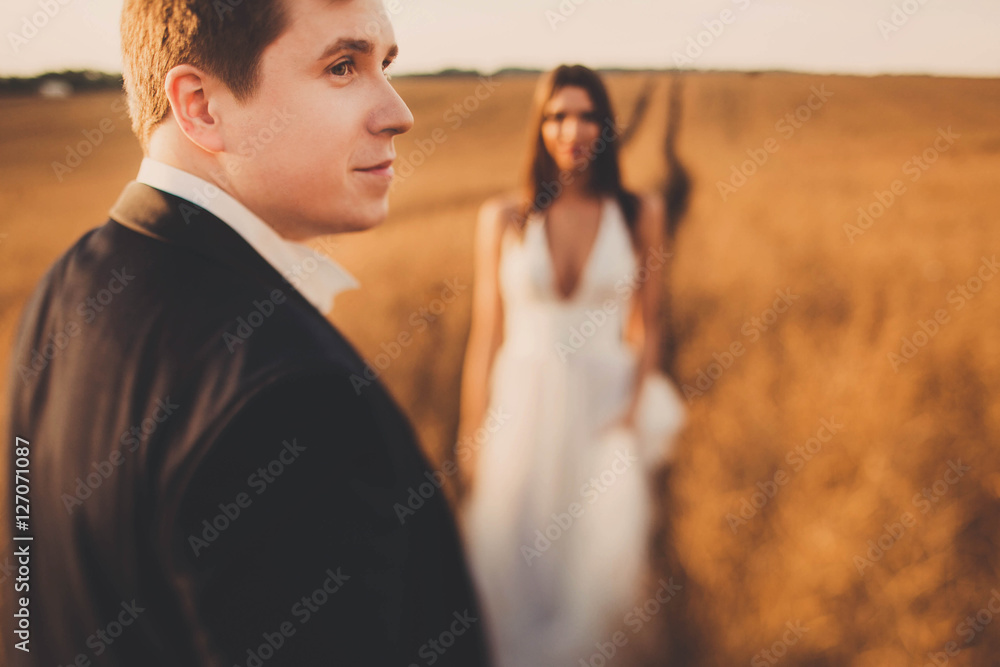 beautiful and young bride and groom standing in a field beautiful and young bride and groom standing in a field