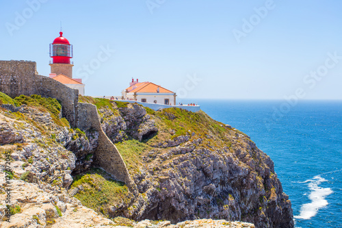 View of the lighthouse at Cabo de Sao Vicente, Algarve, Portugal, /Sea landscape/ Atlantic ocean