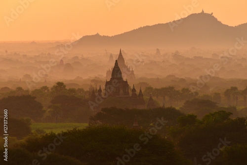 The plain of Bagan on during sunrise  Mandalay  Myanmar