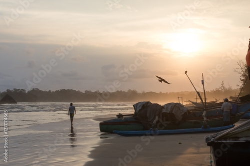 Weligama, Sri Lanka - October 17, 2016: Fishermen preparing for work, documentary editorial.