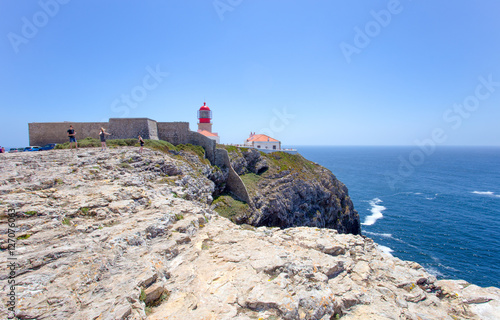 View of the lighthouse at Cabo de Sao Vicente, Algarve, Portugal, /Sea landscape/ Atlantic ocean