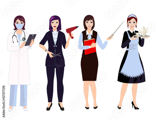Professional people in uniform. Female professions: teacher, hairdresser, a doctor, a waiter or chambermaid.