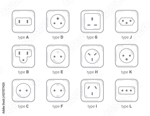 Different type power socket set, vector isolated icon illustration for different country plugs. Power socket - World standards icons set. World socket types collection