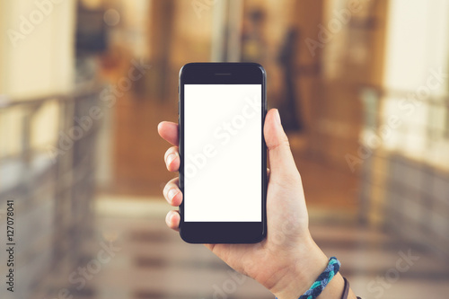 Black smartphone isolated white screen in hand