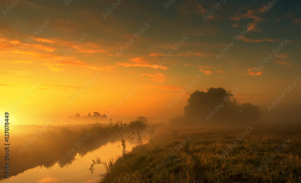 Fantastic foggy river with fresh grass in the sunlight. majestic misty sunrise with colorful clouds on the sky, Dramatic picturesque scene. Warm sundown over meadow. Beauty in the world.