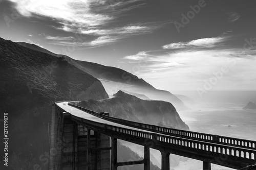 Black and white photo of Bixby Creek Bridge as Scenic ocean view point at Big Sur,highway 1 coastline scenic ro
