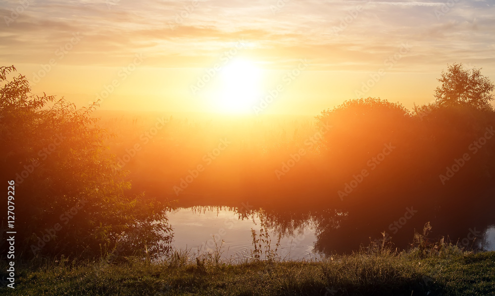wonderful dramatic scene. fantastic foggy sunrise over the meadow with colorful clouds on the sky. picturesque rural landscape, misty morning. color in nature. beauty in the world wonderful dramatic scene. fantastic foggy sunrise over the meadow with colorful clouds on the sky. picturesque rural landscape, misty morning. color in nature. beauty in the world