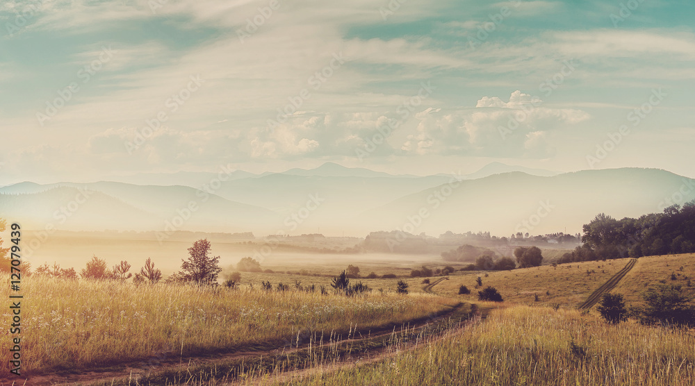 Obraz premium Fantastic view on sunrise. ground road in the foggy rural field on the foothills. majestic mountain peaks on the background, Dramatic picturesque scene. retro style. creative collage