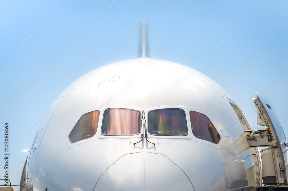 jet aircraft nosecone and cockpit closeup