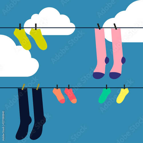 Socks drying Vector illustration Socks drying on the clothesline against blue sky with clouds Flat design