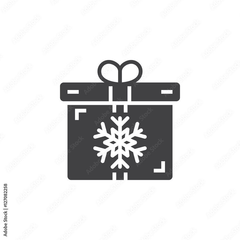 Christmas present symbol. Gift box with snowflake icon vector, filled flat sign, solid pictogram isolated on white, logo illustration Christmas present symbol. Gift box with snowflake icon vector, filled flat sign, solid pictogram isolated on white, logo illustration