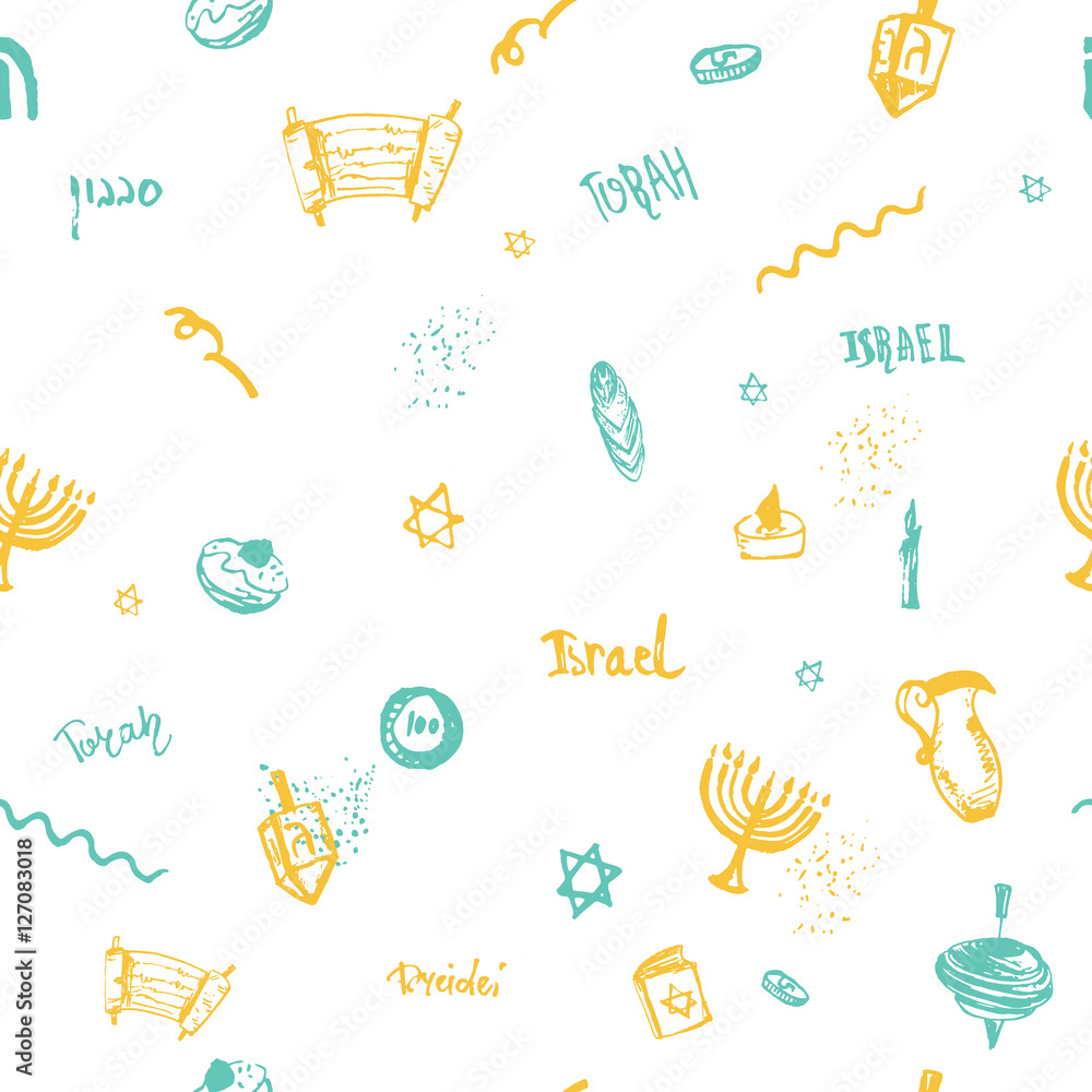 Fototapeta premium Hanukkah seamless pattern with hand drawn elements and lettering. Menorah, dreidel, donut, candle, david star.