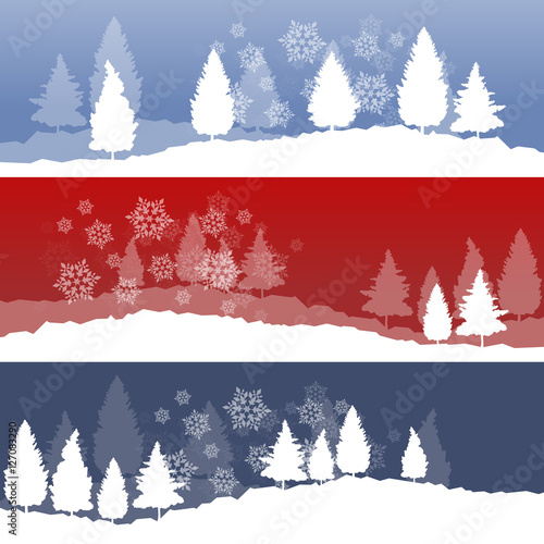 Christmas background with winter white snowy fir trees and falli
