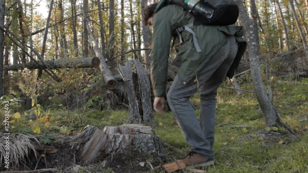 A middle aged man with a beard wearing grey pants, green jacket and yellow boots going uphill, stopping and sitting on a tree stub to have rest. Against an autumnal forest. A middle aged man with a beard wearing grey pants, green jacket and yellow boots going uphill, stopping and sitting on a tree stub to have rest. Against an autumnal forest.