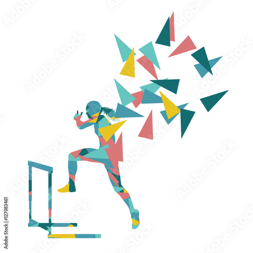 Female hurdles race woman athlete competing vector abstract back