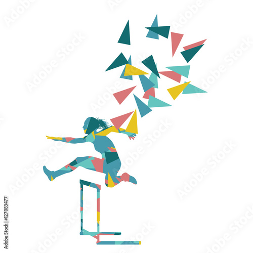 Female hurdles race woman athlete competing vector abstract back