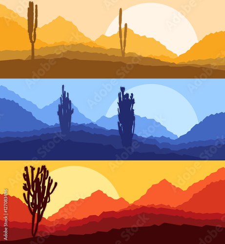 Cactus desert landscape vector background set with sunset