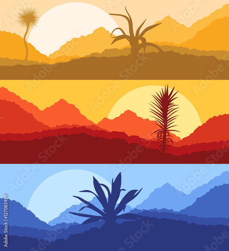Cactus desert landscape vector background set with sunset