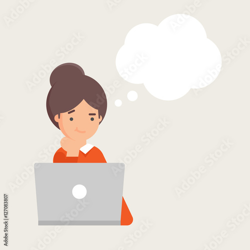 Vector illustration of woman working on the computer and thinking